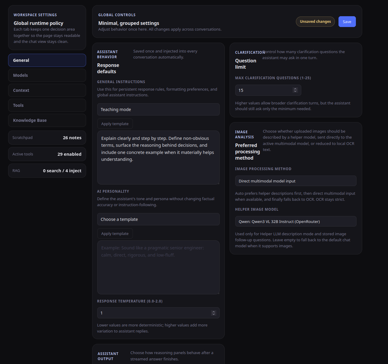 Settings page
