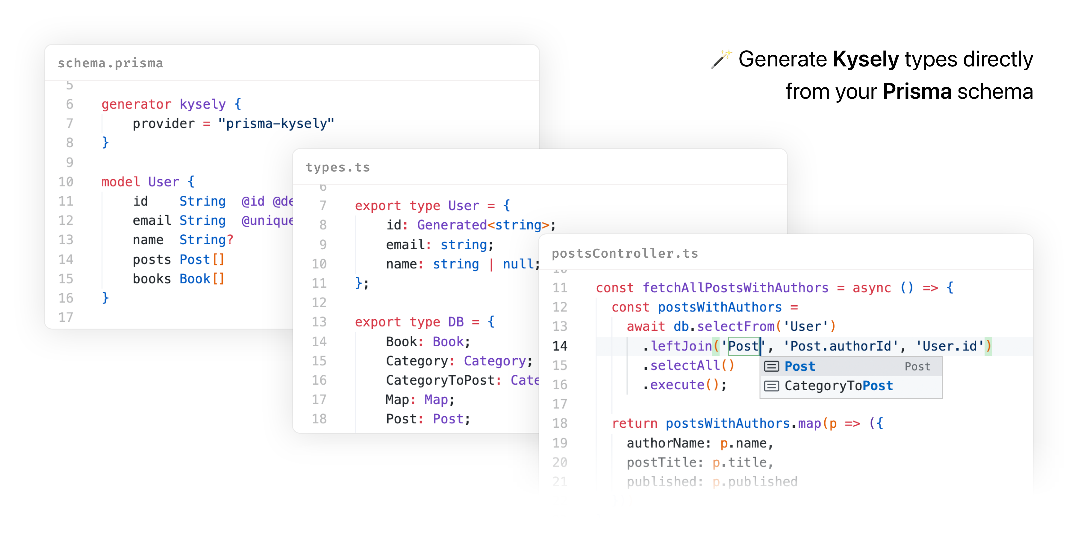 Hero image "Generate Kysely types directly from your Prisma schema"