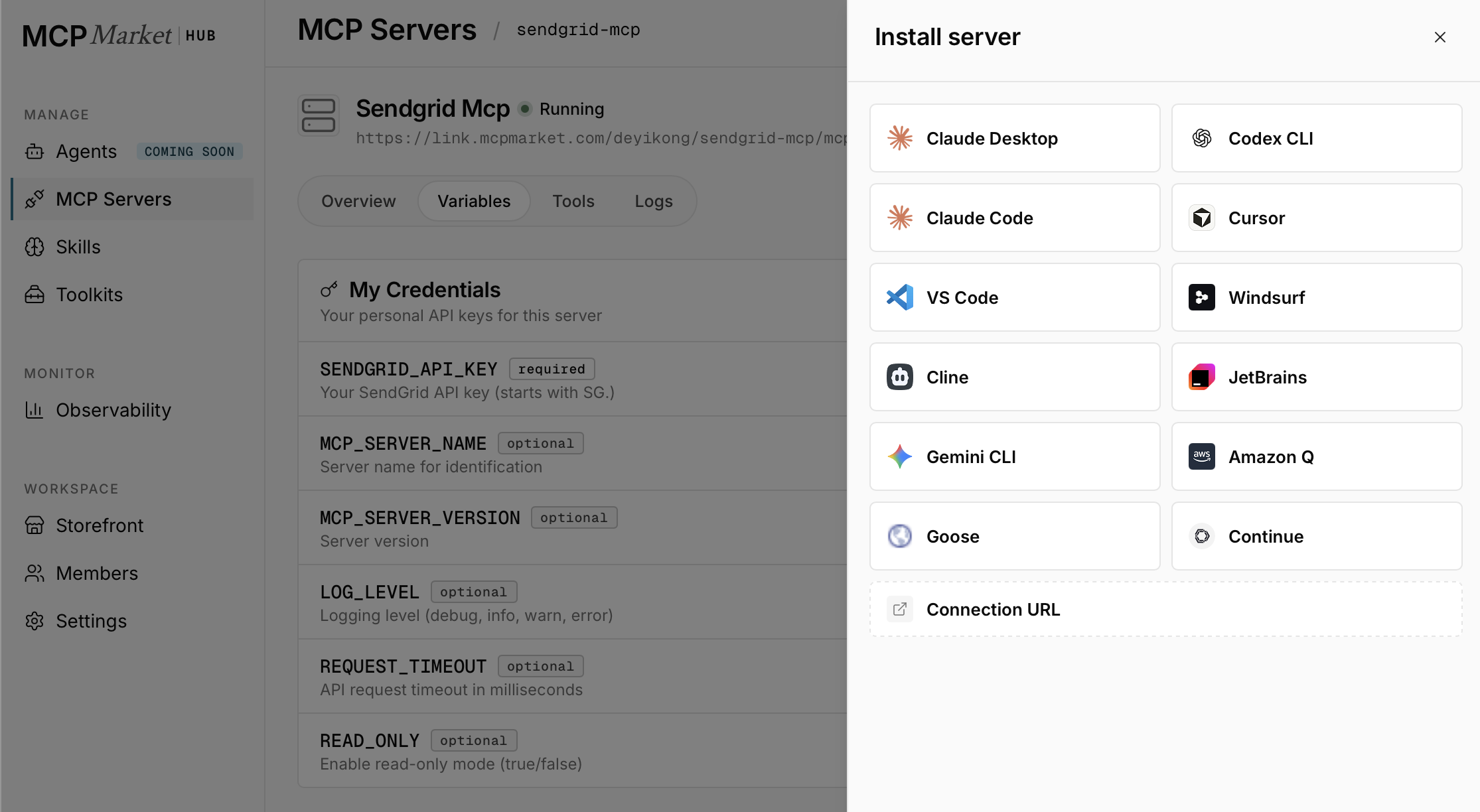 MCP Market's Install server panel with one-click client options