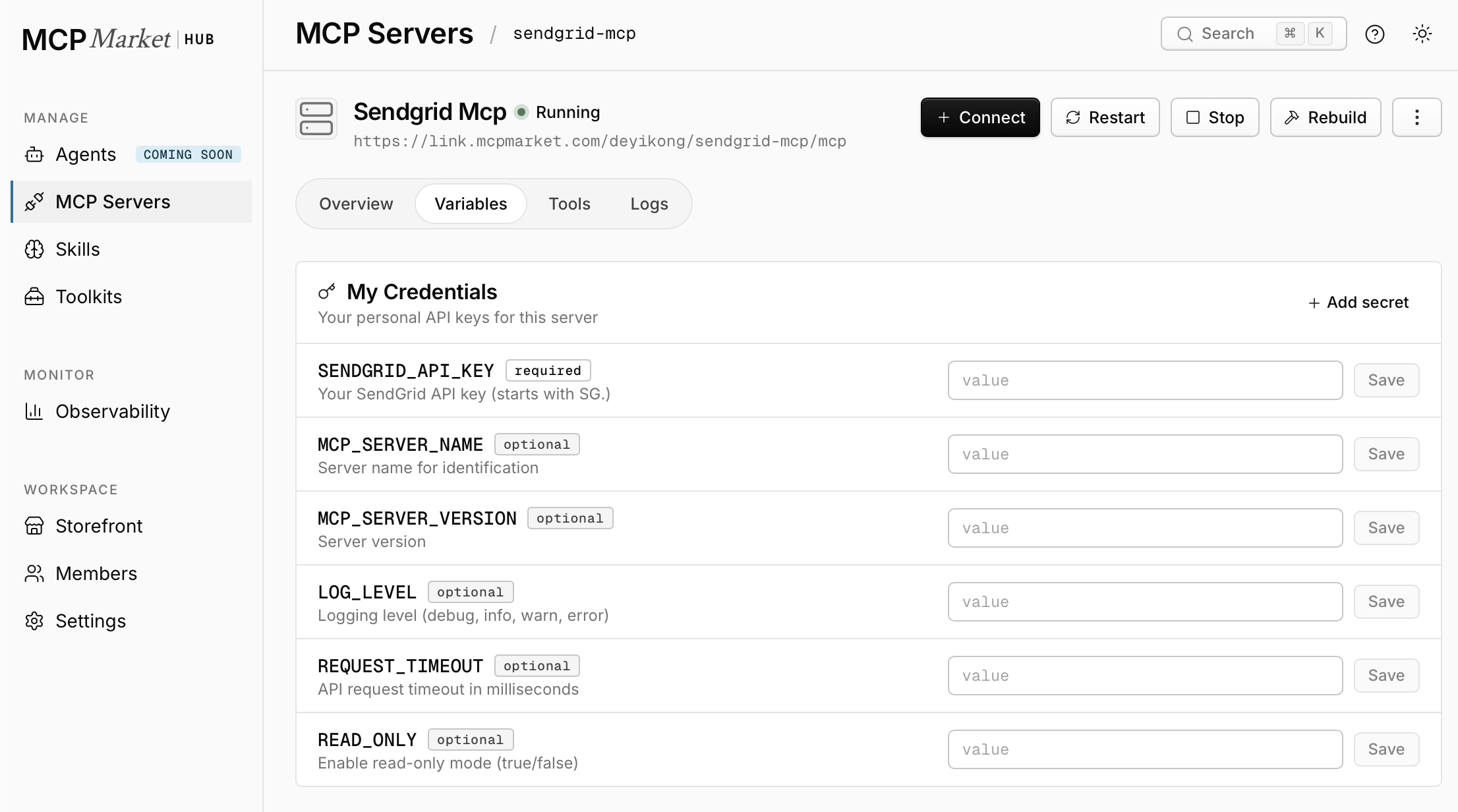 MCP Market Variables tab showing SENDGRID_API_KEY and other credentials