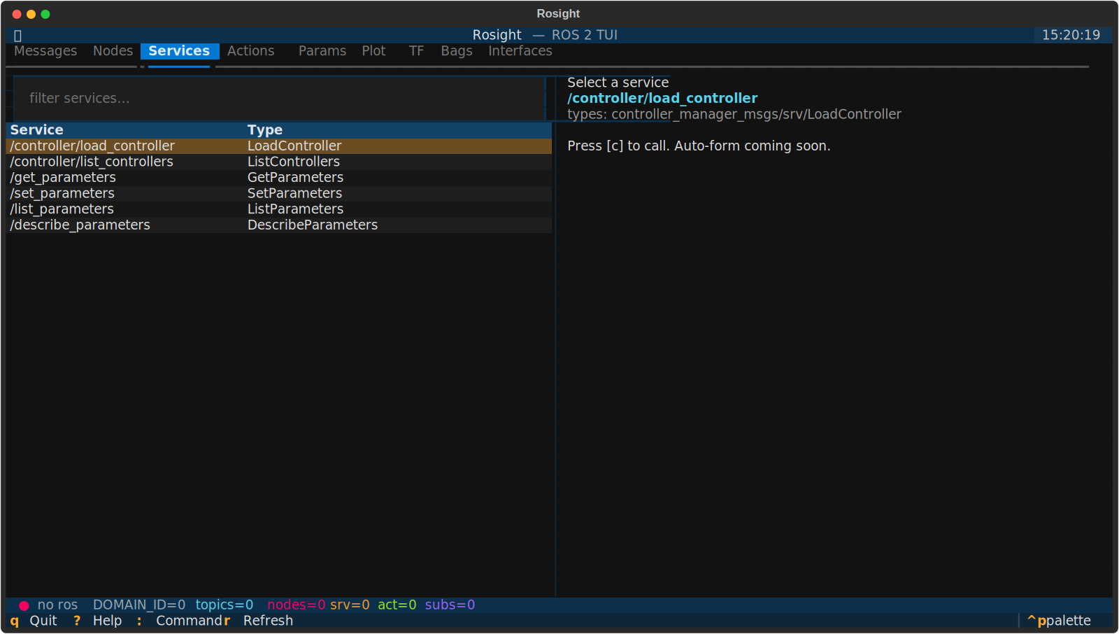 Services tab — type information at a glance.
