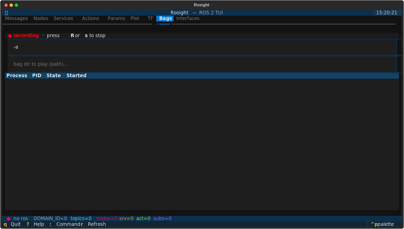 Bags tab — recording / playback / info inspection.