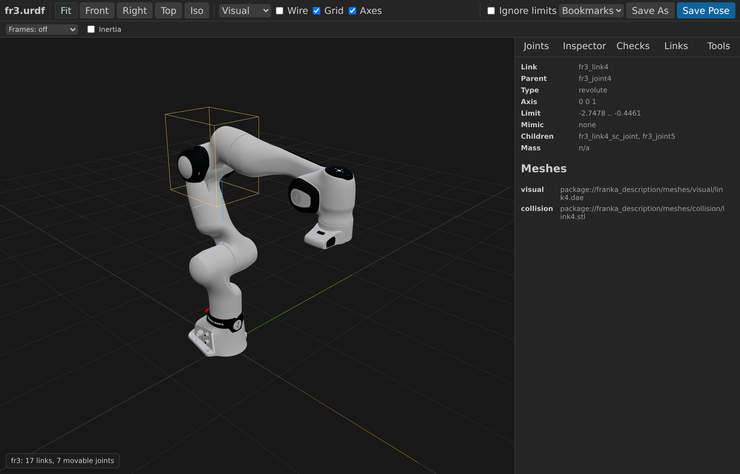 Inspector panel with `fr3_link4` selected — highlight bounding box, parent joint details, axis, limits, child joints, mesh paths.
