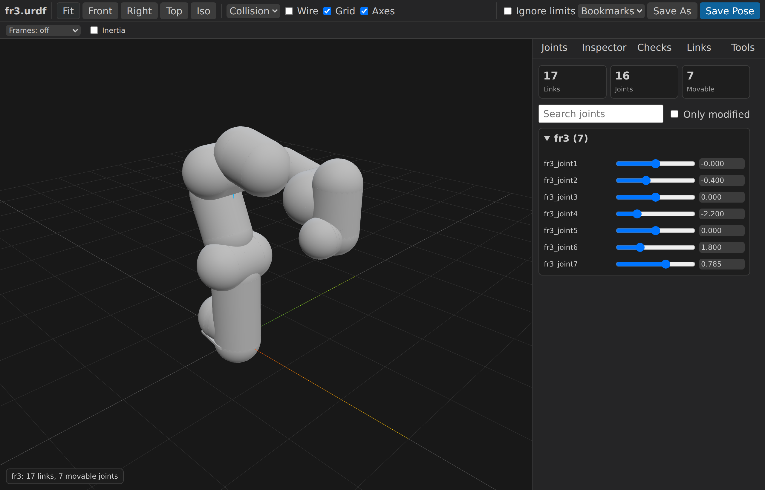 Collision-only render mode — FR3's self-collision primitives (capsules, cylinders) overlaid on the visual geometry.