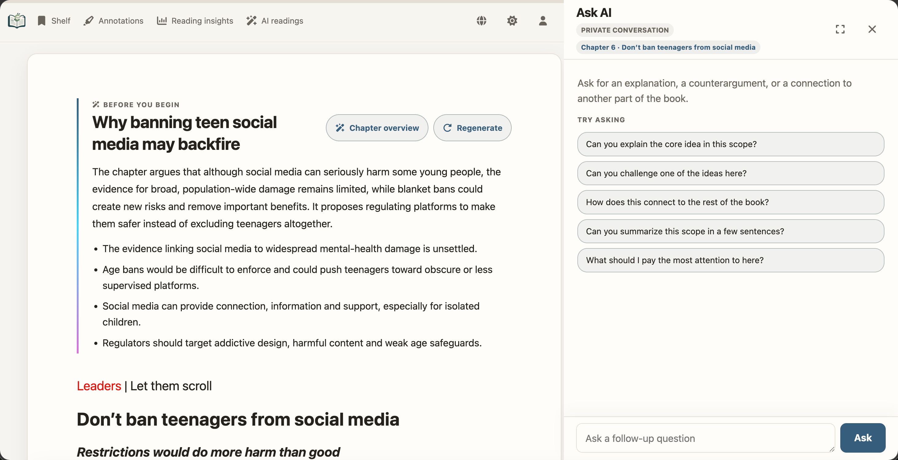 A chapter guide embedded beside the original EPUB text, with a private Ask AI drawer.