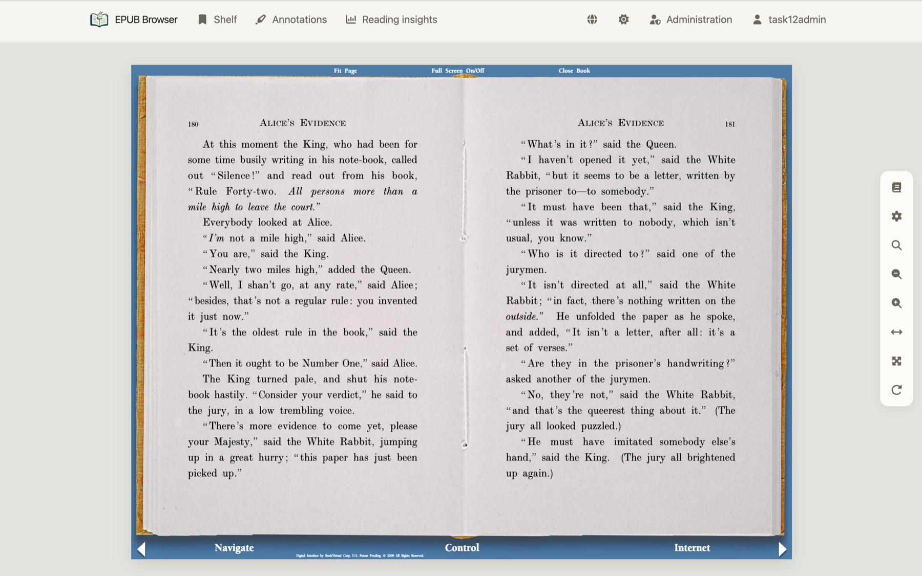 A PDF rendered in the shared EPUB Browser reader, with the original page, navigation, themes, and reading tools.