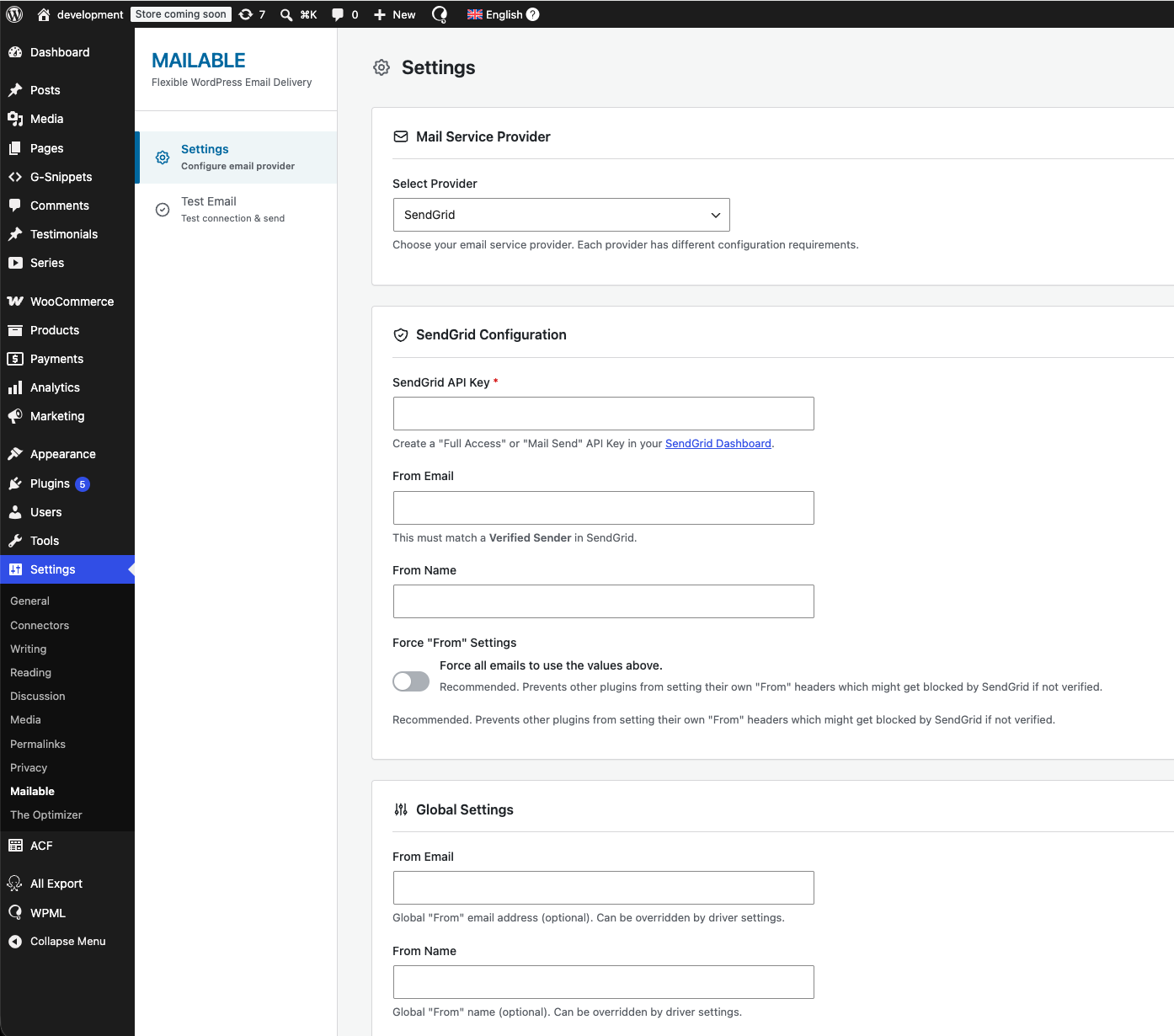 Settings page — SendGrid