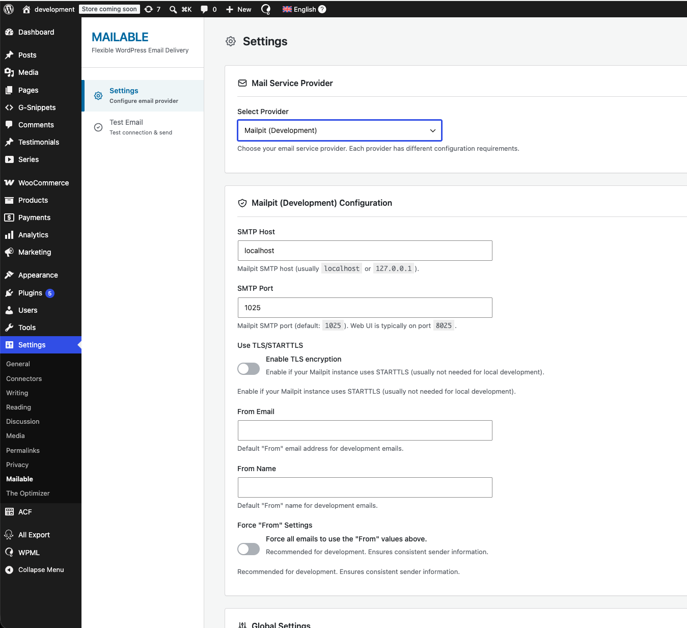 Settings page — Mailpit