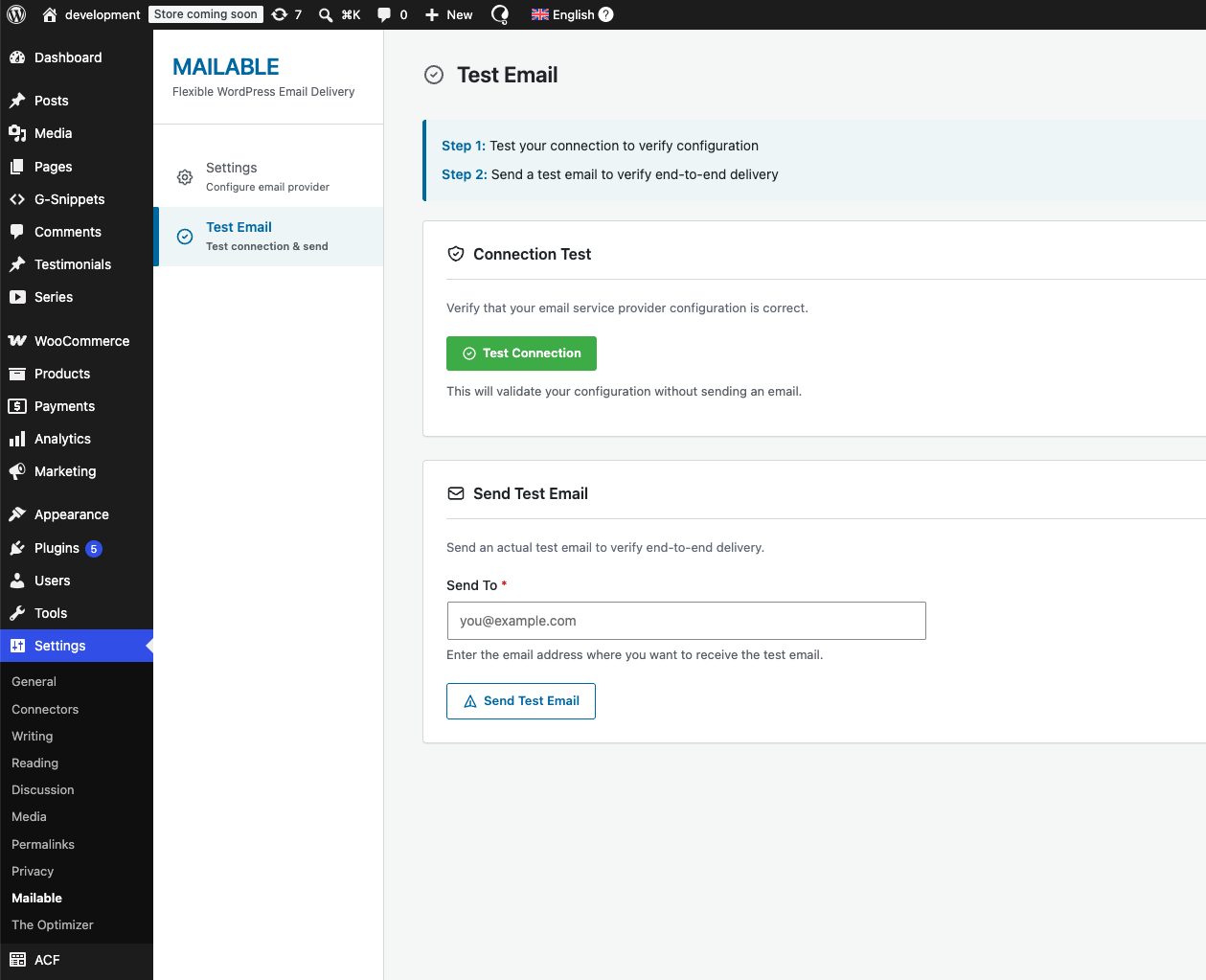 Test Email panel