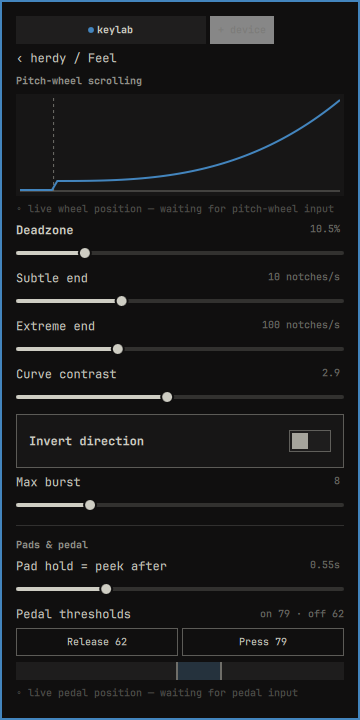 Pitch-wheel and pedal Feel editor