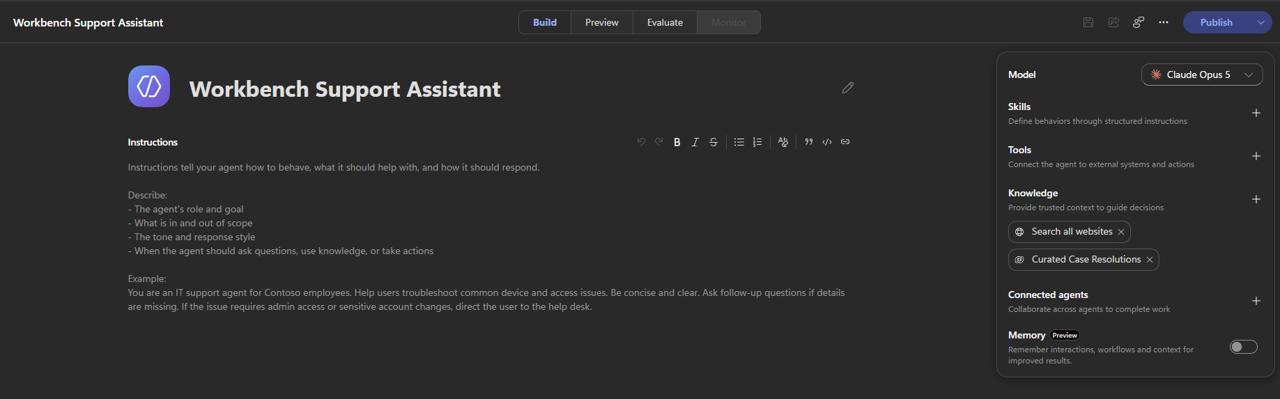 The new-experience agent builder showing the API-created Curated Case Resolutions source listed in the Knowledge panel, displayed but never used