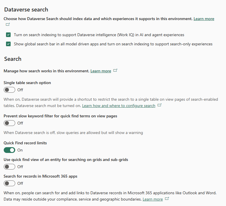 The Power Platform admin center Dataverse search settings showing the two indexing checkboxes plus the Search behavior options