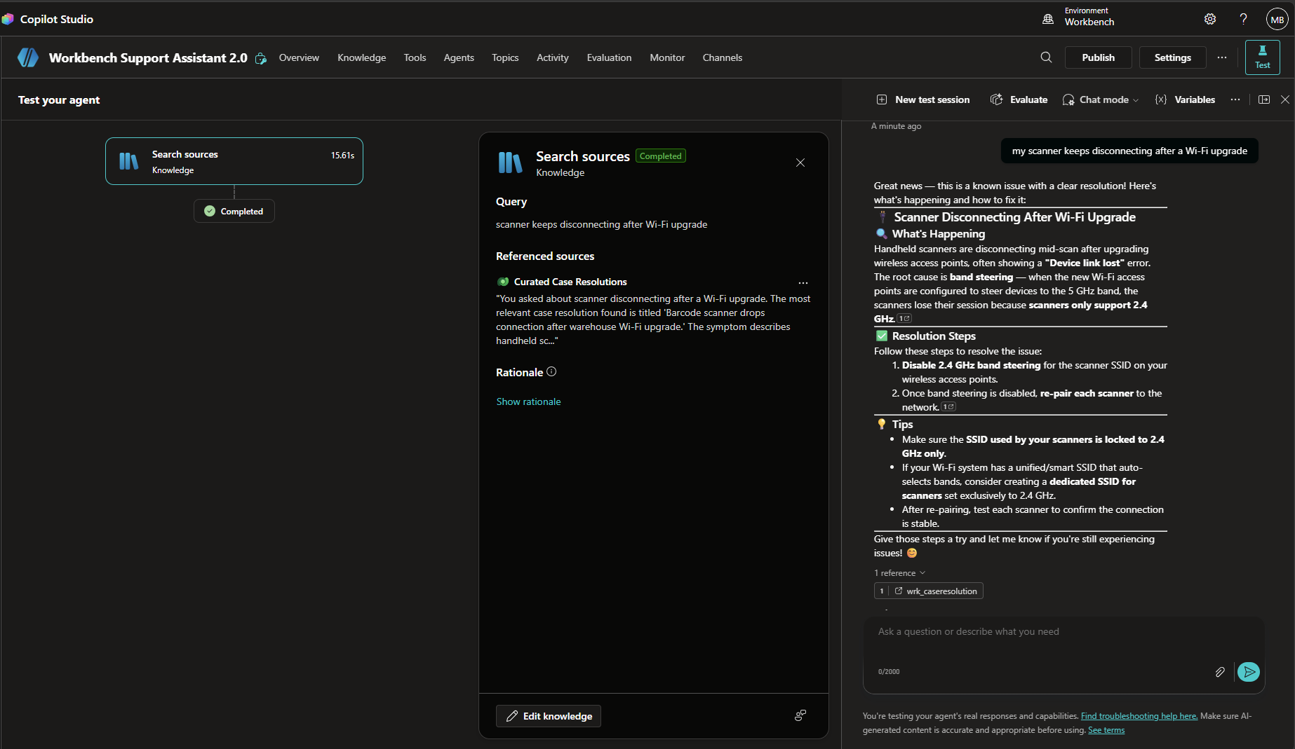 The standard-harness test canvas showing the activity map with completed knowledge searches, the Referenced sources panel quoting the Curated Case Resolutions row, and the grounded answer with three wrk_caseresolution citations