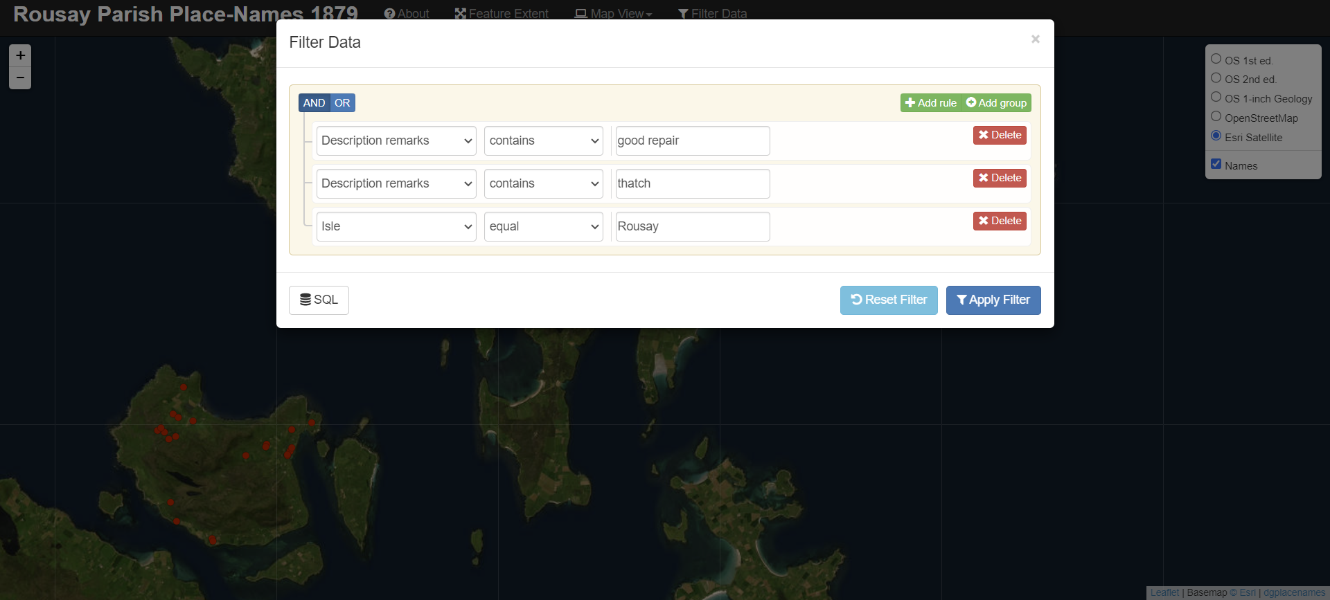 Filter: thatched houses in good repair on Rousay, Map View, satellite layer