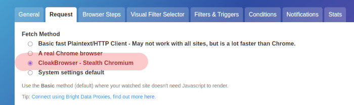 Cloak Stealth Browser option for web page change detection