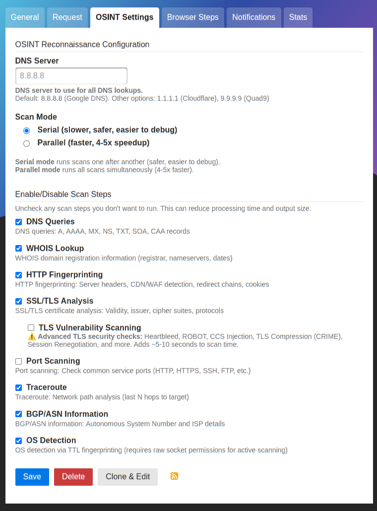 OSINT changedetection.io settings page example