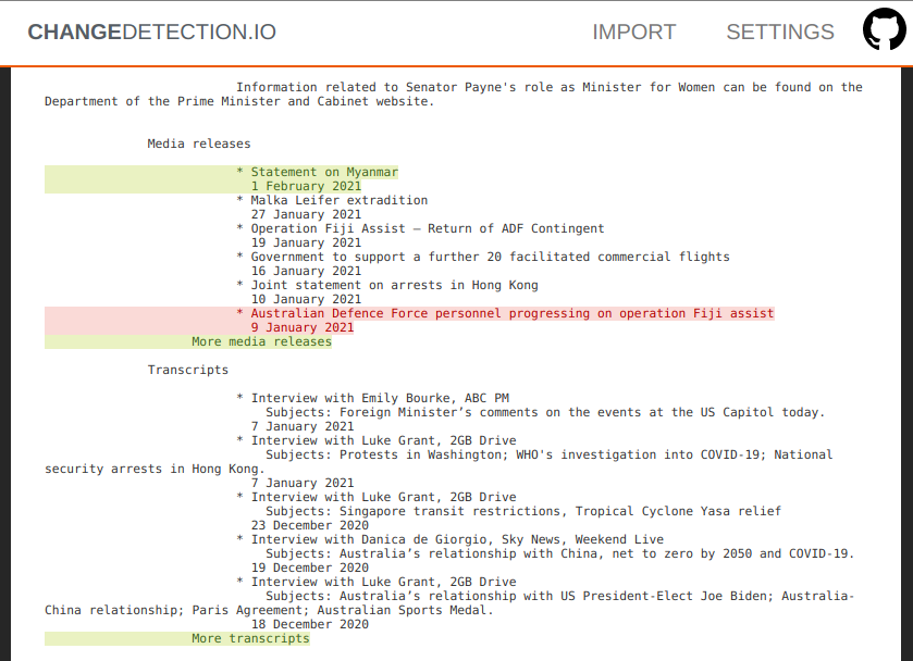 Self-hosted web page change monitoring context difference