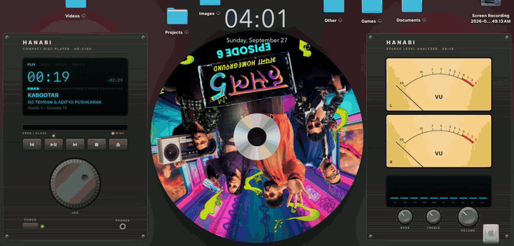 A song's cover printed on a spinning CD, with the CD deck on the left and the stereo analyzer on the right