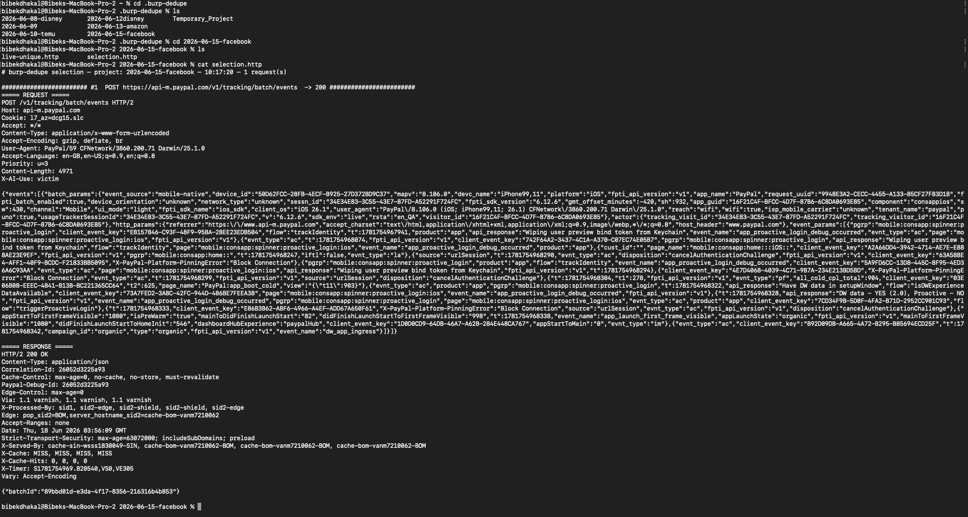 The AI bridge on disk — ~/.burp-dedupe/<project>/ holds live-unique.http and selection.http, each a ####-delimited request+response block, ready for Claude Code to read