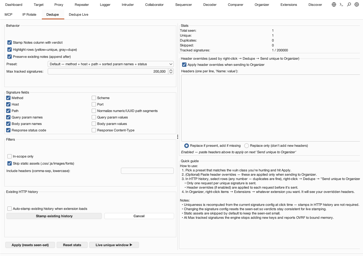 The Dedupe config tab — pick a Preset (or tick individual signature fields), set filters and the memory cap, paste header overrides, and watch live stats