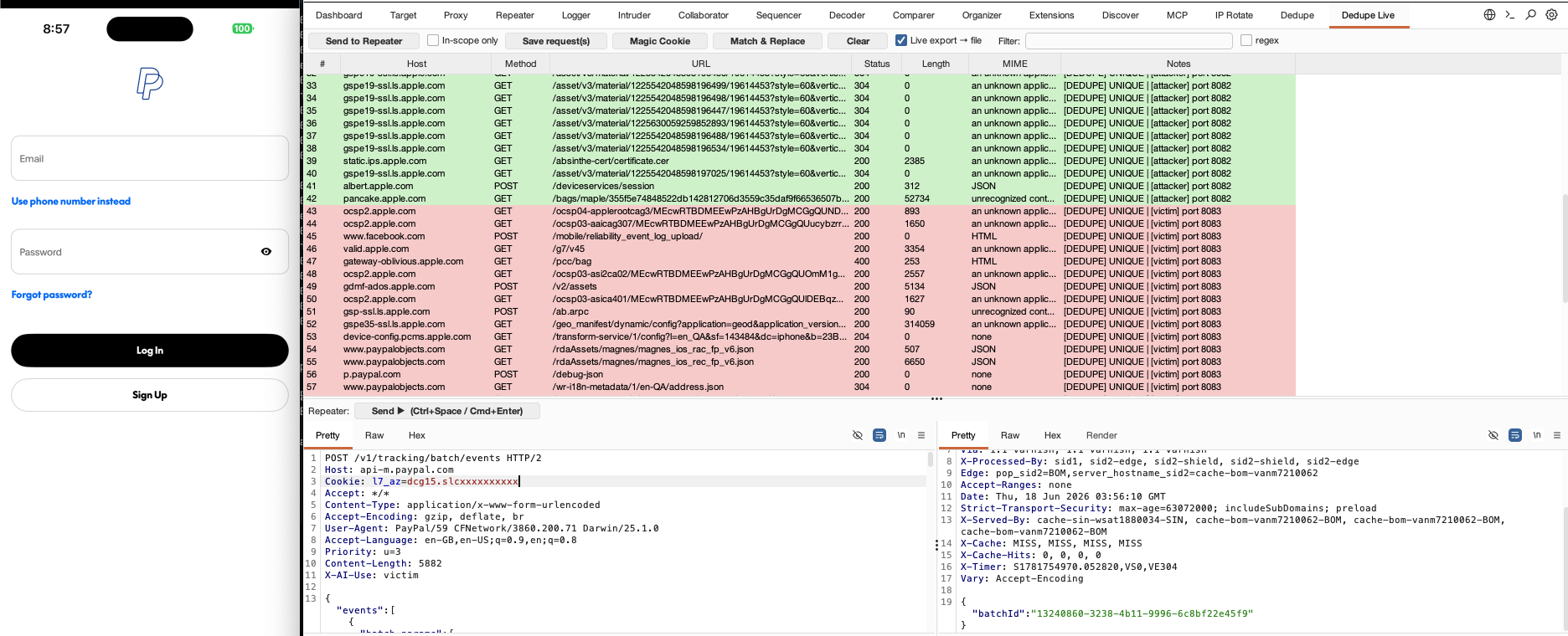 DedupeAI — the Dedupe Live feed with attacker (green) / victim (red) tagging and an inline Repeater