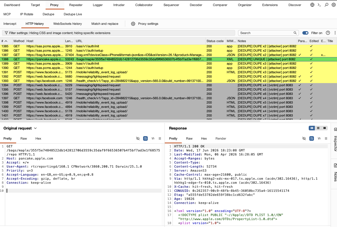 DEDUPE verdicts and attacker/victim port tags in Burp's HTTP history — [DEDUPE] UNIQUE / DUPE xN in the Notes column, rows colored per port and verdict (attacker green/yellow on 8082, victim red/gray on 8083)
