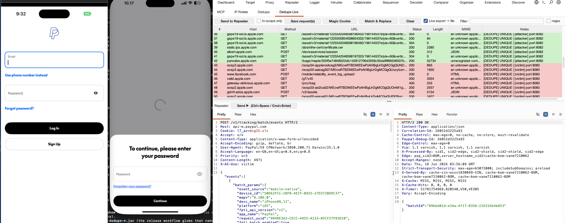 Multi-account IDOR/BOLA in DedupeAI — attacker traffic (green, port 8082) vs victim (red, port 8083), replaying a captured request with the victim's session (X-AI-Use: victim) in the inline Repeater