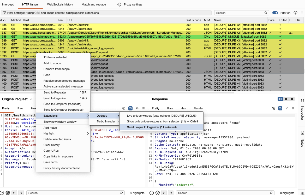 Right-click path: select rows in HTTP history → Extensions → Dedupe → Send unique to Organizer (here 11 selected); the Dedupe submenu also offers the live window and the Ctrl+9 snapshot