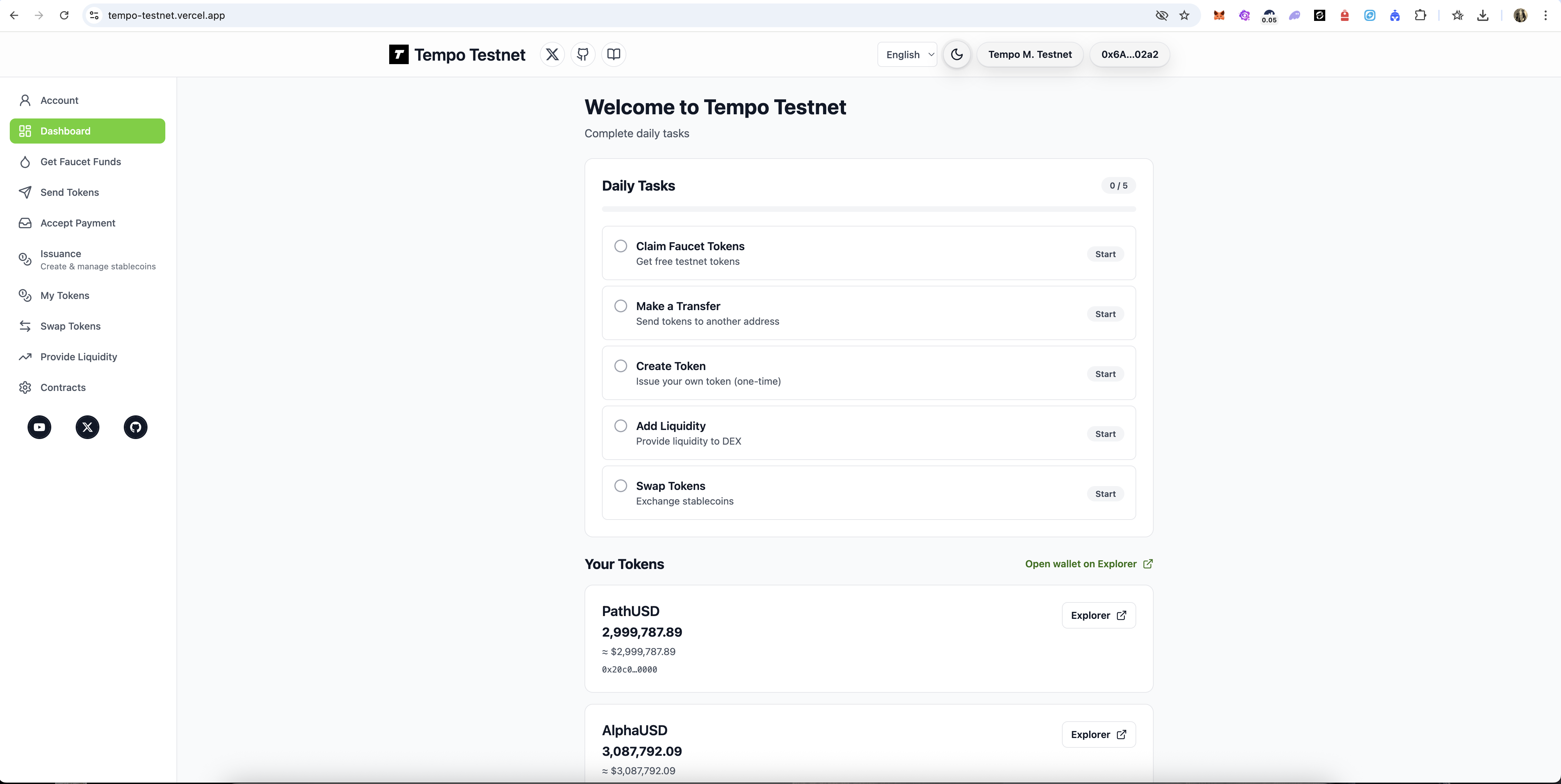 Tempo Testnet App — Light mode