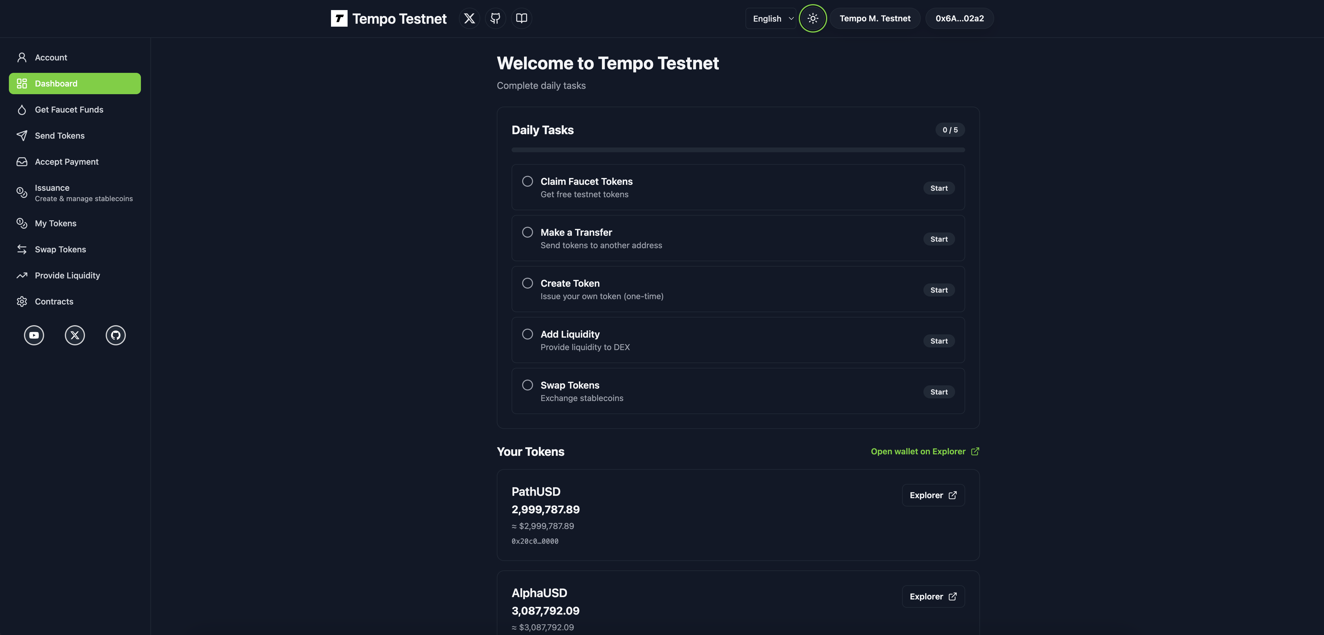 Tempo Testnet App — Dark mode