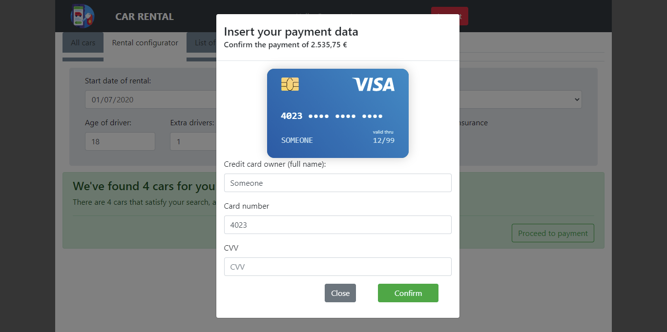 Configurator PaymentForm Screenshot