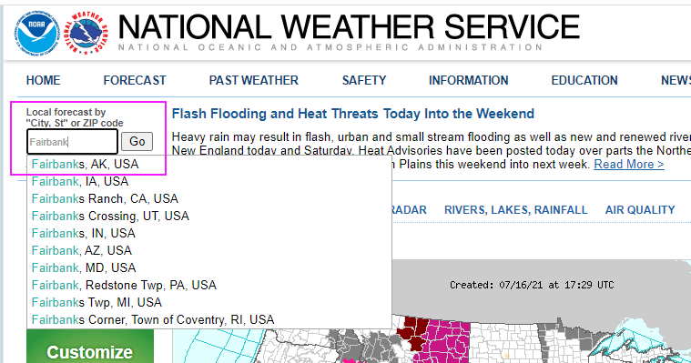 Search box on weather.gov