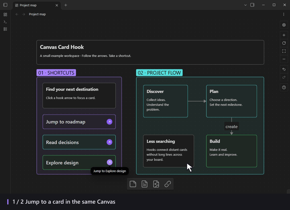 Animated demonstration: click a hook to jump within a Canvas or between canvases in the same vault
