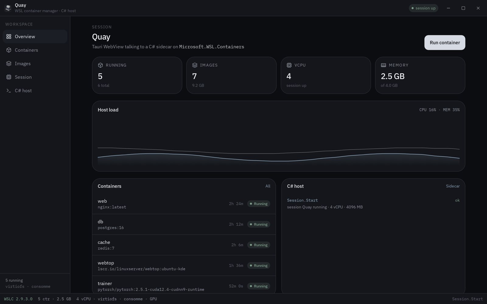 Quay overview showing WSLC status and containers