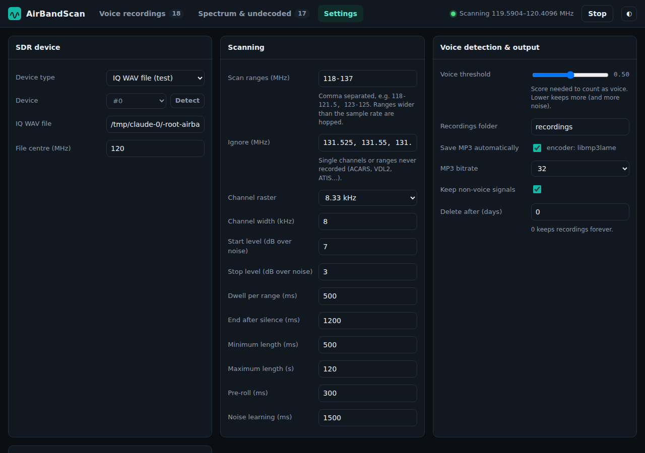 Settings page