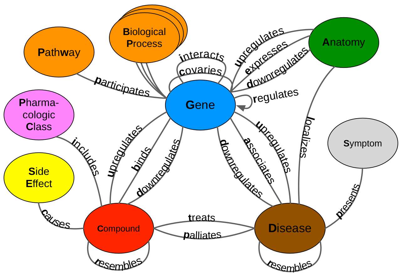 Figure 1: A metagraph (schema) of the heterogeneous network used in the Rephetio project [9]. This undirected network depicts pharmacological and biomedical information. The nodes (circles) represent entities and edges (lines) depict relational information between two entities.