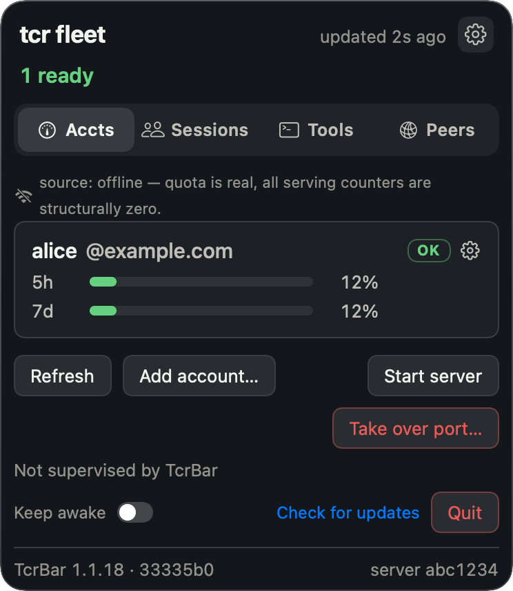 TcrBar panel showing an offline read