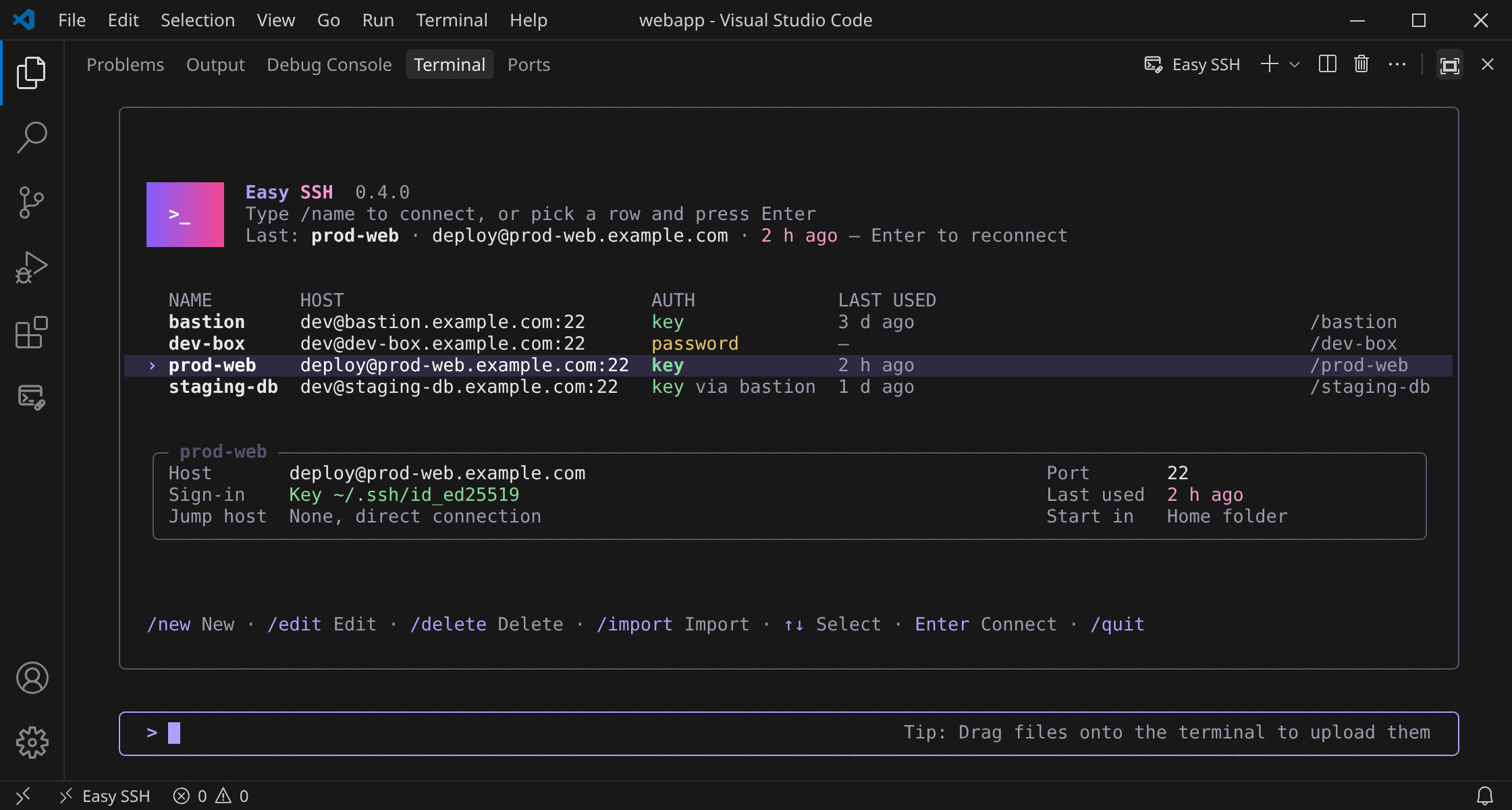 The Easy SSH connection list in the terminal panel
