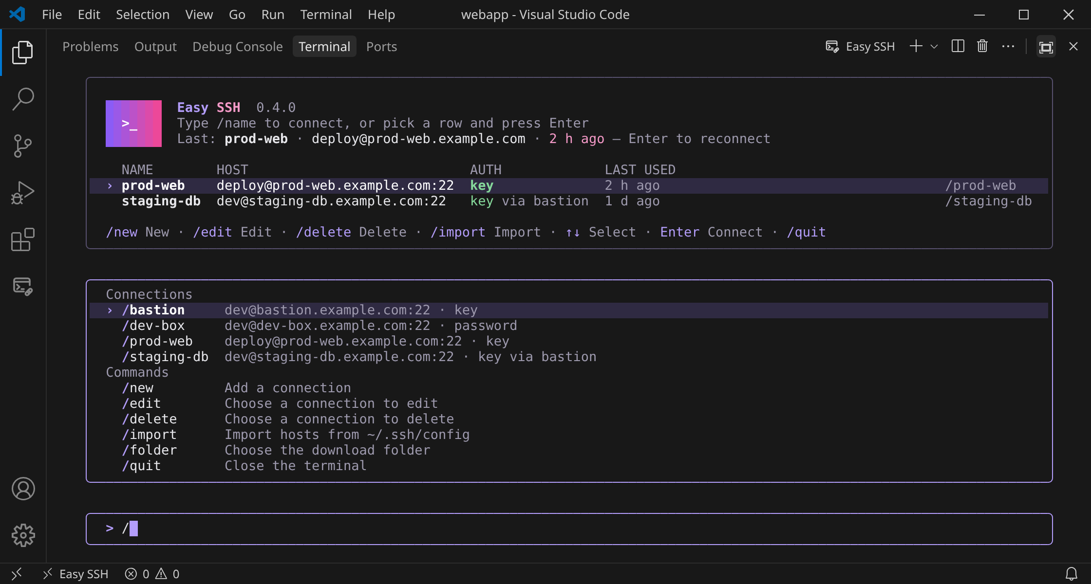 The slash command list, with connections and system commands in separate groups