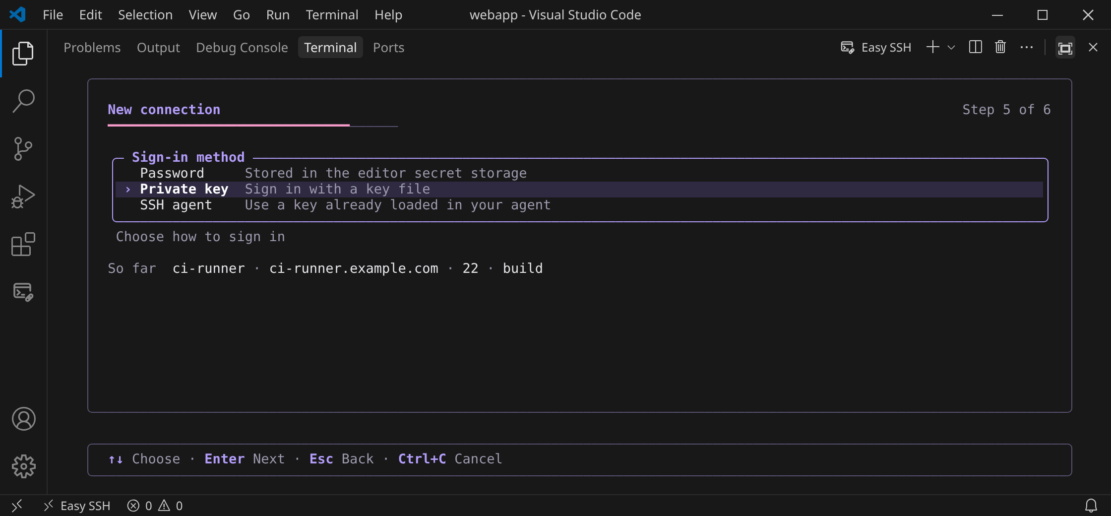 The /new wizard on the sign-in step: Password, Private key or SSH agent