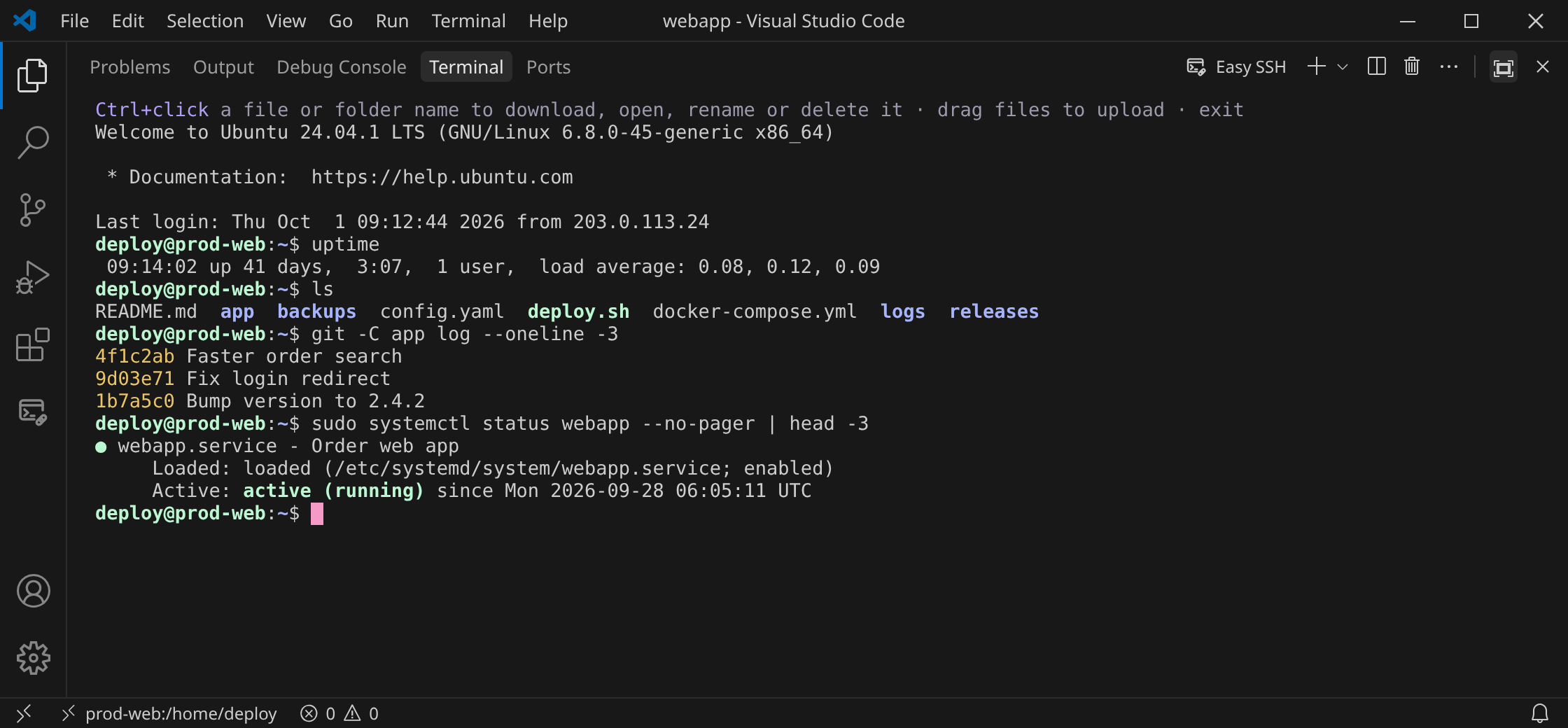 A remote login shell running in the Easy SSH terminal