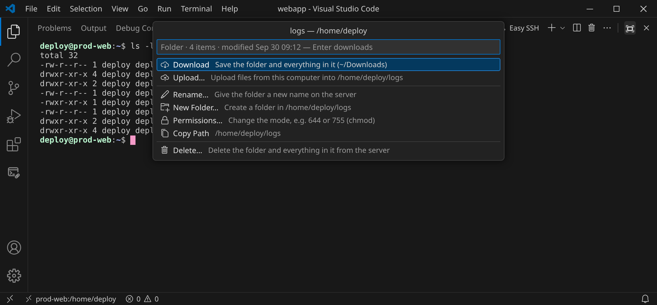 The action menu for the folder logs: Download, Upload, Rename, Delete