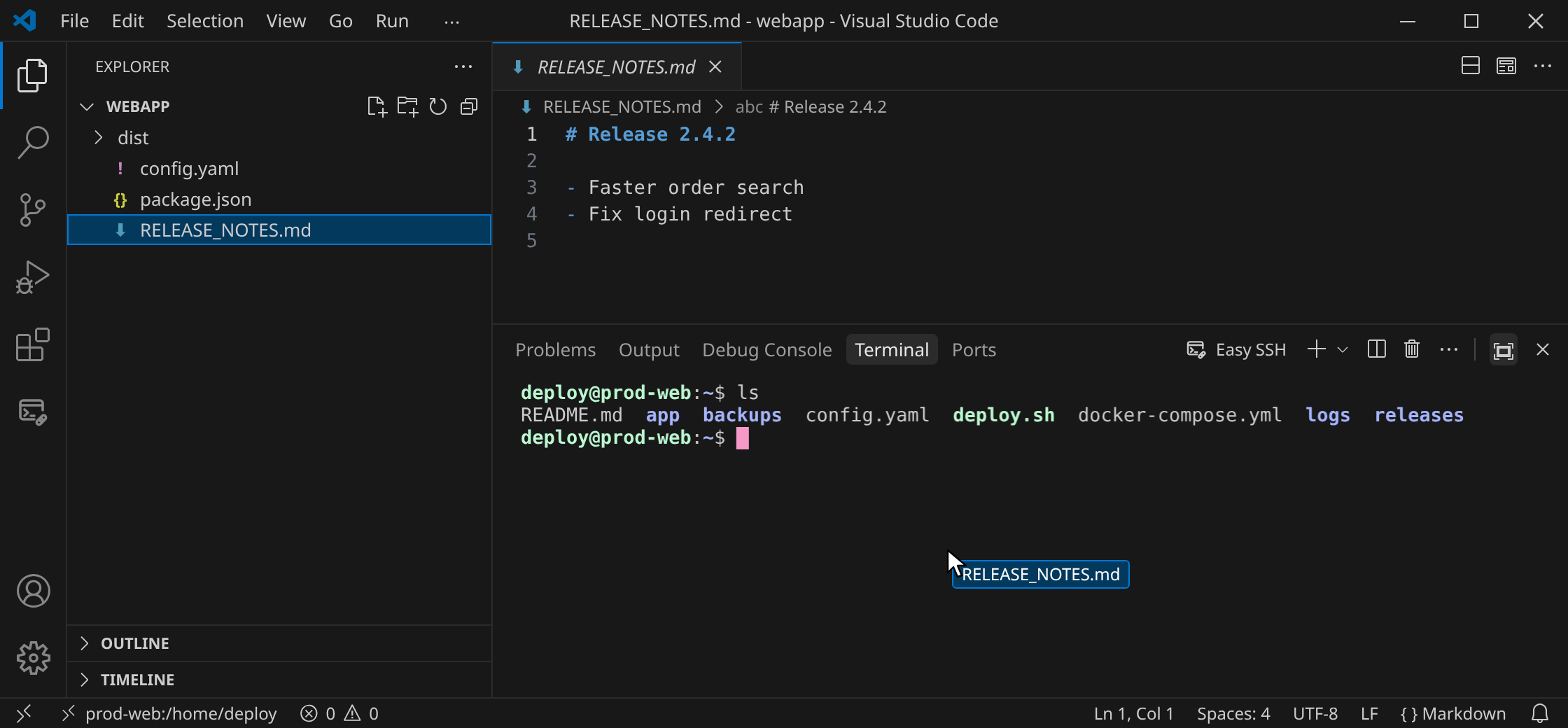 Dragging files from the desktop onto the Easy SSH terminal
