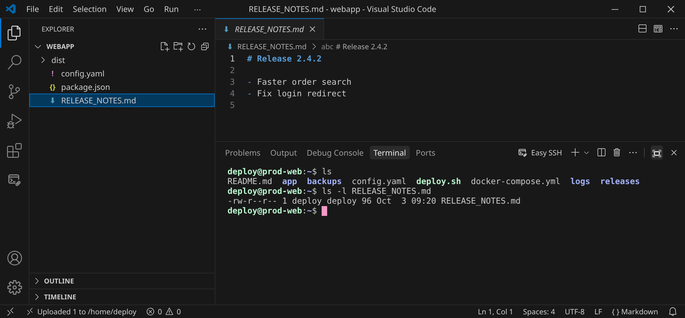The uploaded file in the current remote directory