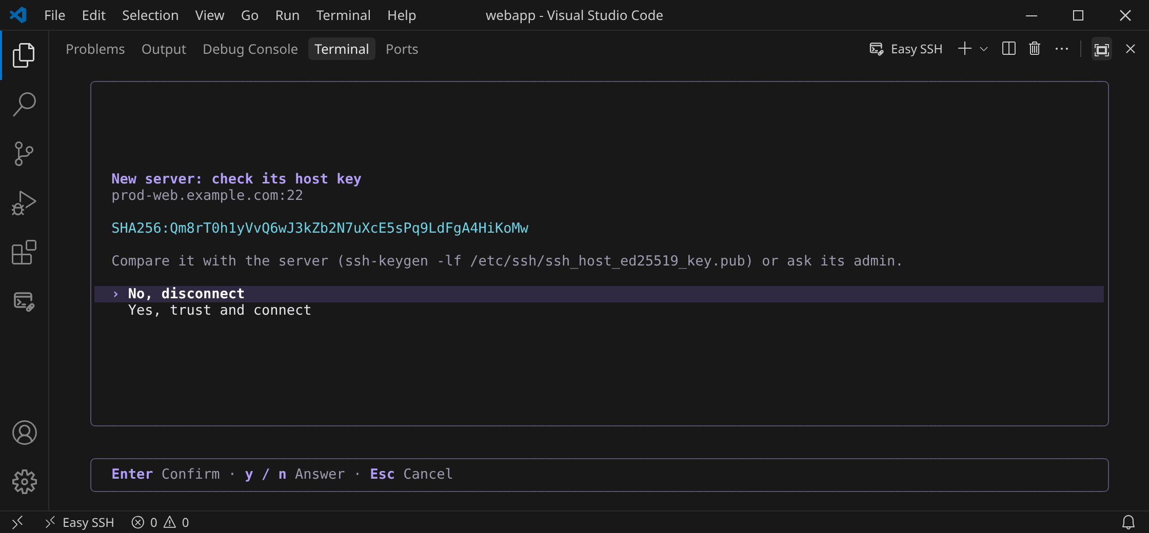 A new server's host key fingerprint, shown before connecting