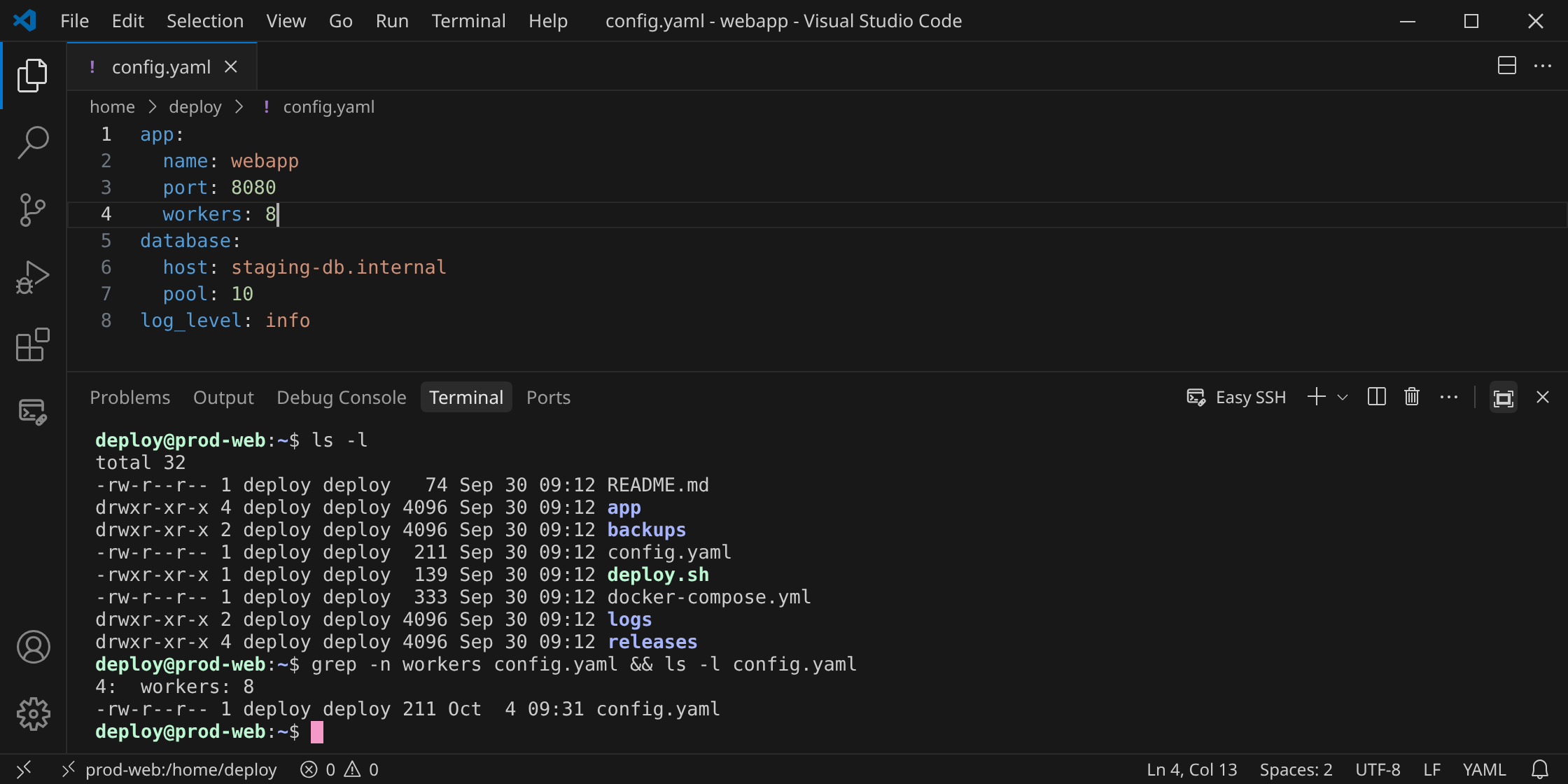 config.yaml opened from the terminal in an editor tab; after Ctrl+S the shell below shows the saved change