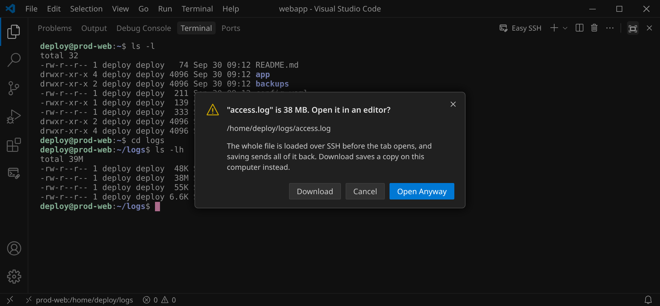 Opening a 38 MB log asks: Download, Cancel or Open Anyway