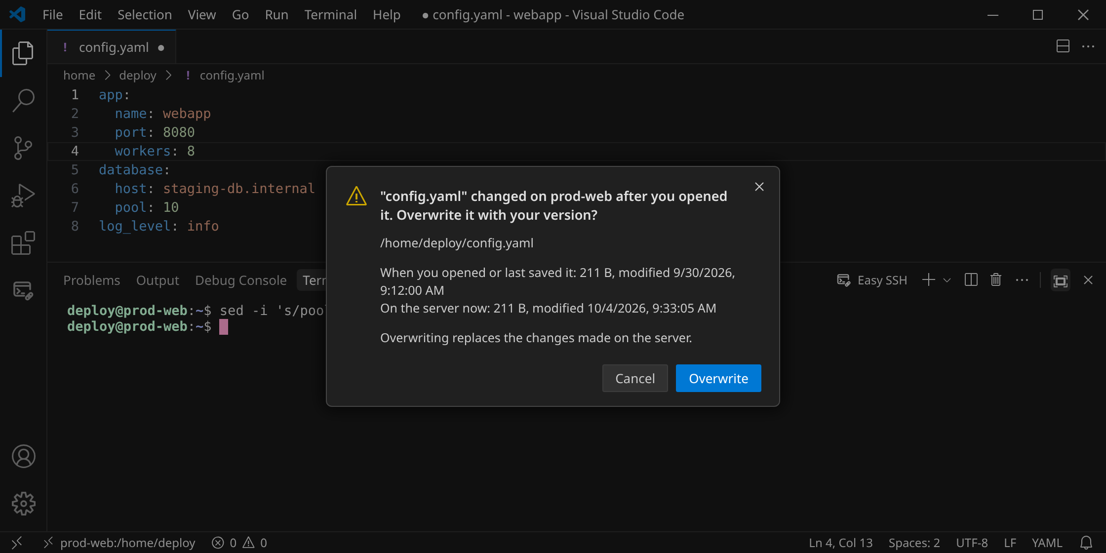 Saving config.yaml after it changed on the server asks before overwriting