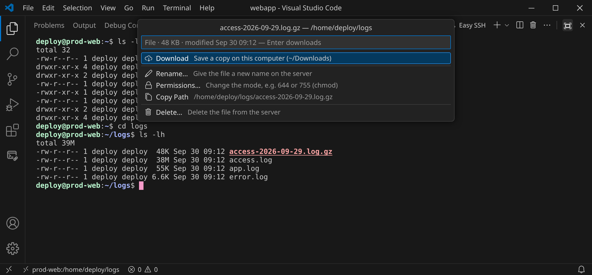 The action menu for the archive access-2026-09-29.log.gz: Download, Rename, Delete, without Open