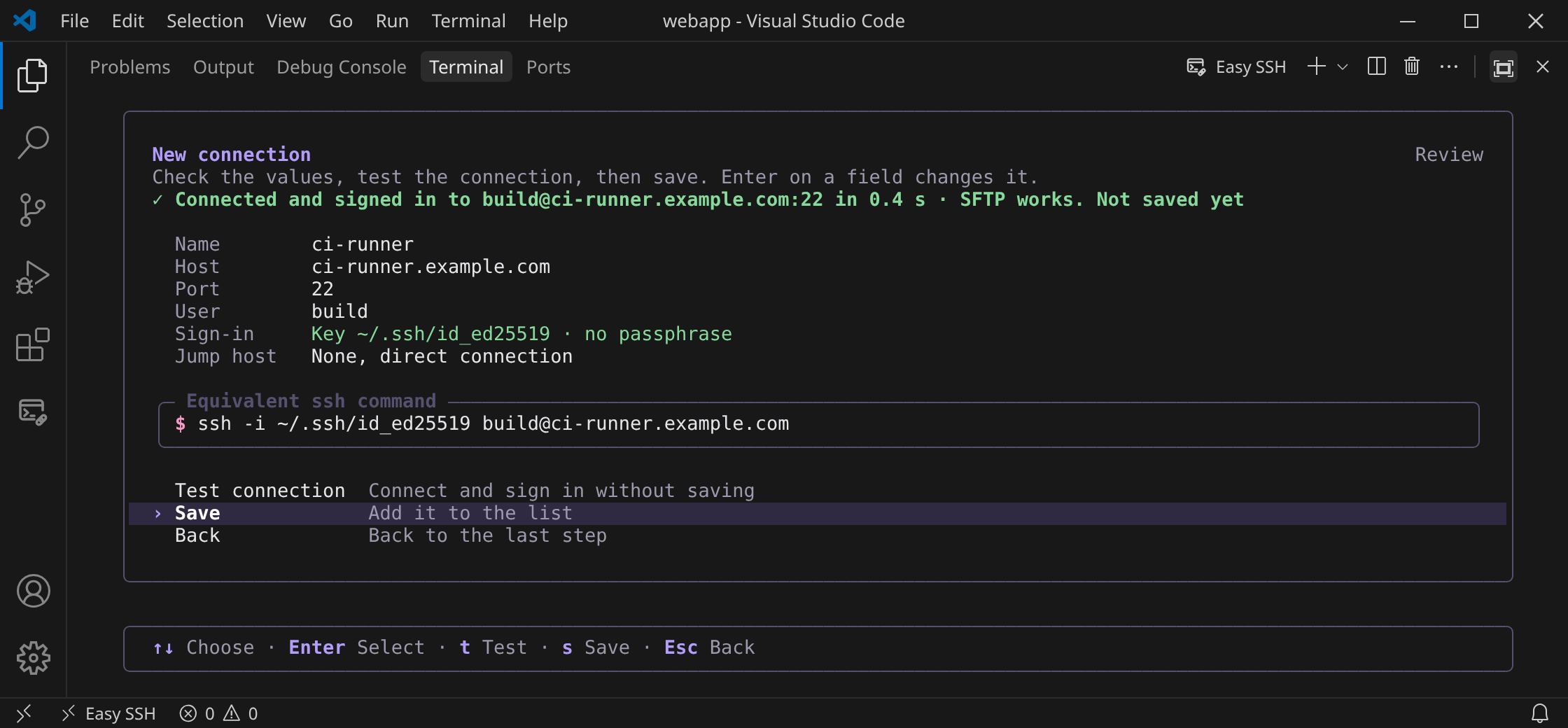 The /new summary: every value, the matching ssh command, and a successful Test connection